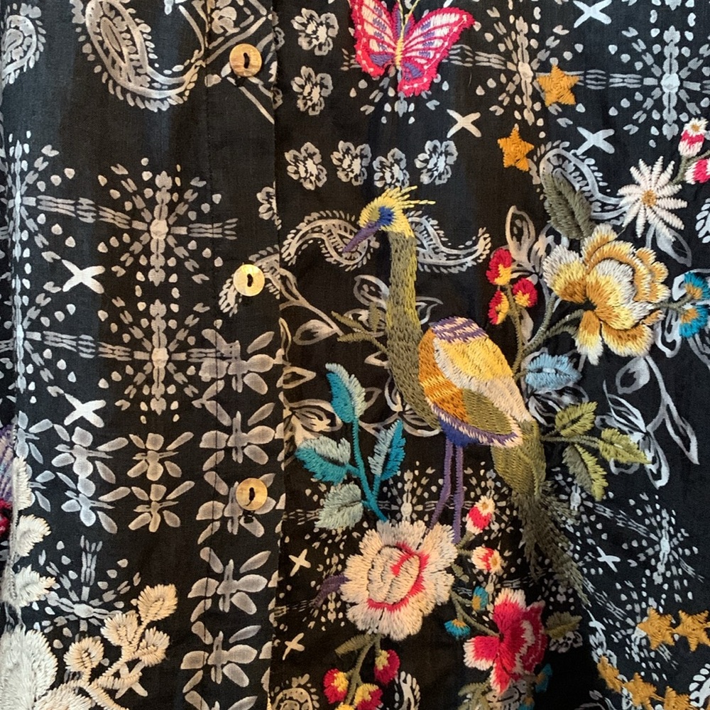 Johnny Was Black Floral Embroidered Button-Up Top with Multicolor Accents - Picture 5 of 9